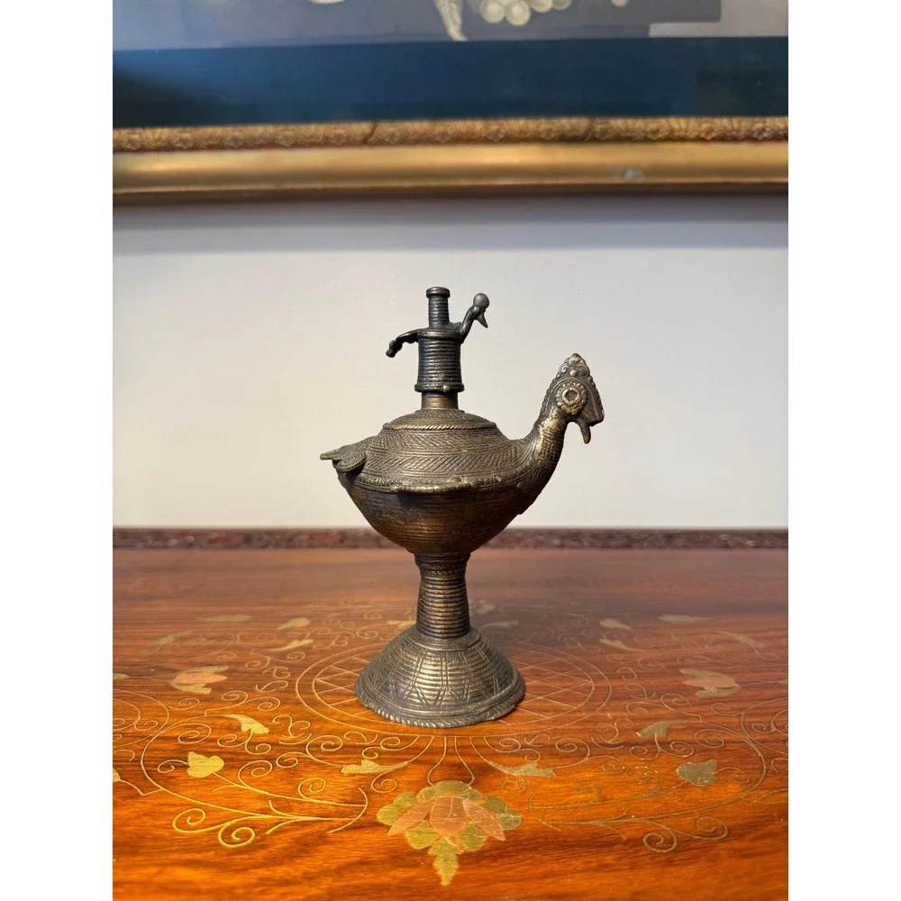 Antique‎ Indian Peacock Oil Lamp, Hand Cast Dhokra Brass Vessel